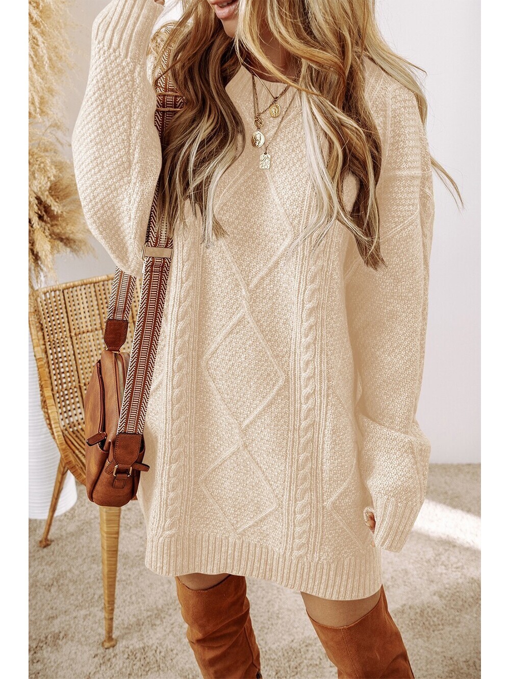 Cozy Cream Cable Knit Pullover Sweater Dress